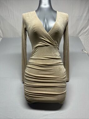 Forever 21 Champagne Ruched Wrap Long Sleeve Bodycon Dress. 1052